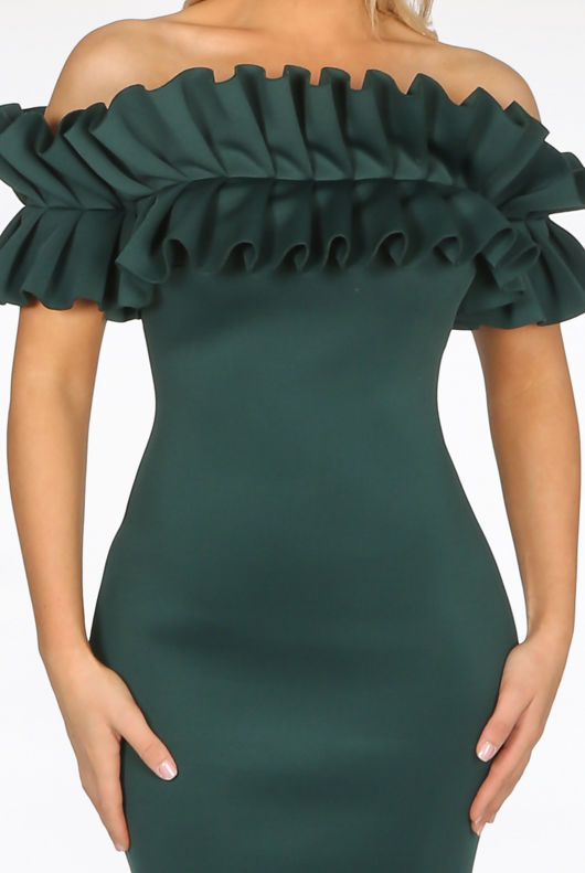 Green Neoprene Ruffle Bardot Midi Dress