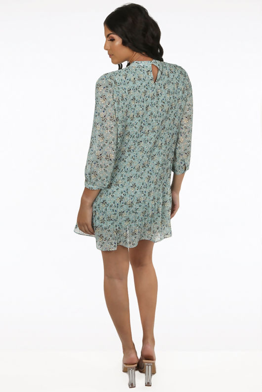 Mint Floral Print Pleated Shift Dress