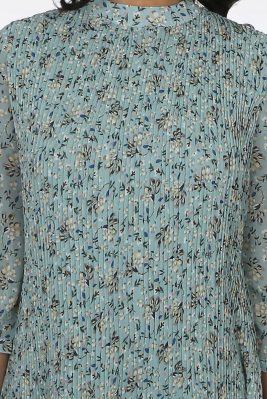 Mint Floral Print Pleated Shift Dress