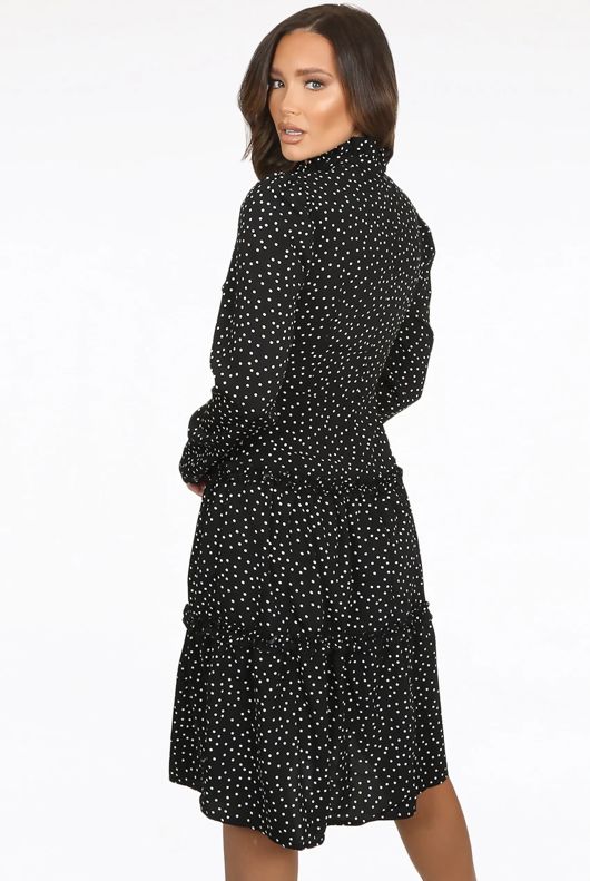 Black Polka Dot High Neck Pleated Shift Dress