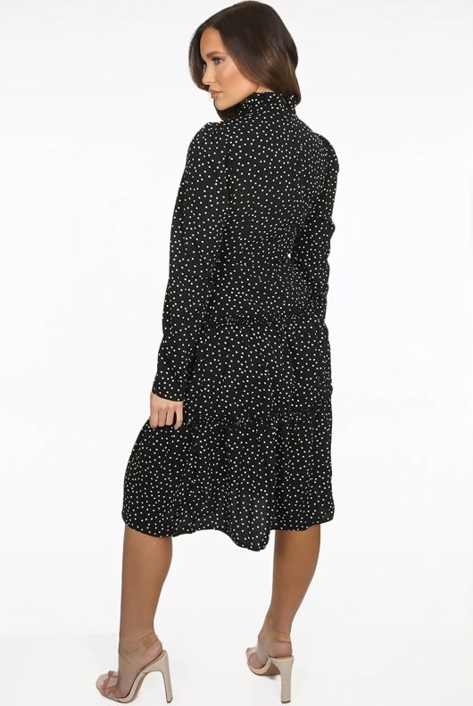 Black Polka Dot High Neck Pleated Shift Dress