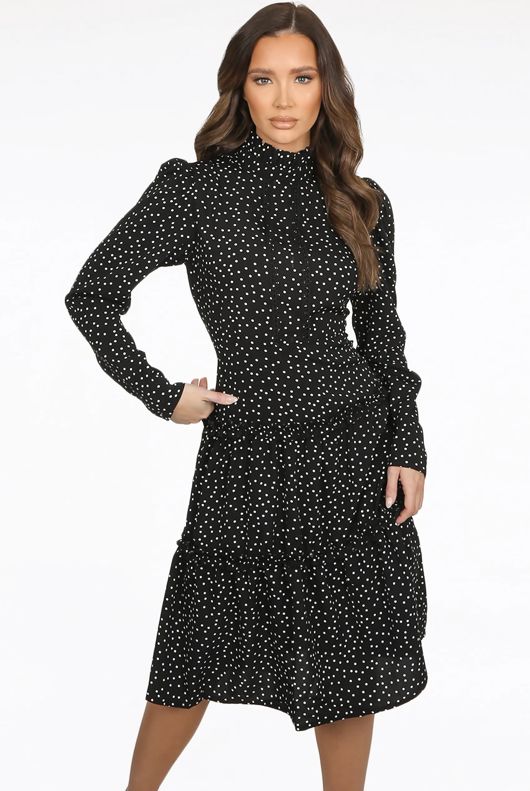 Black Polka Dot High Neck Pleated Shift Dress