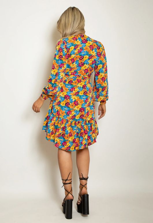 Multi Coloured Long Sleeve Floral Wrap Dress