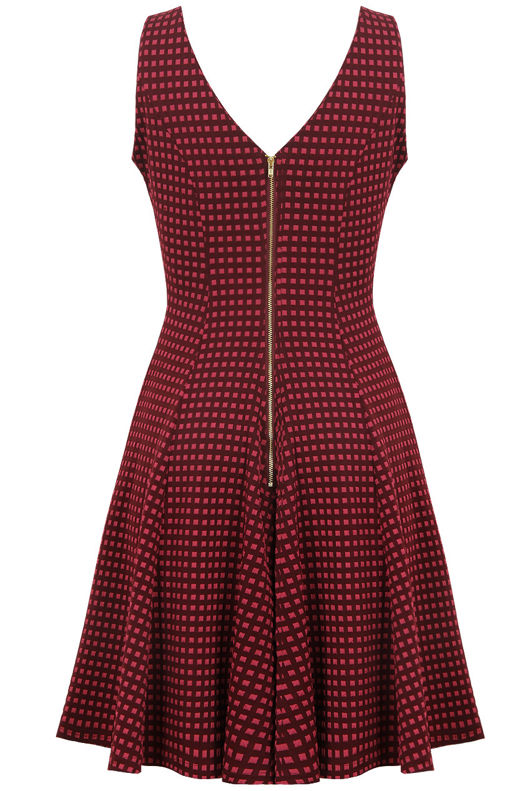 Wine Contrast Square Print Back Zip Up Fit and Flare Dress