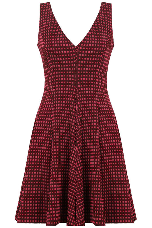Wine Contrast Square Print Back Zip Up Fit and Flare Dress