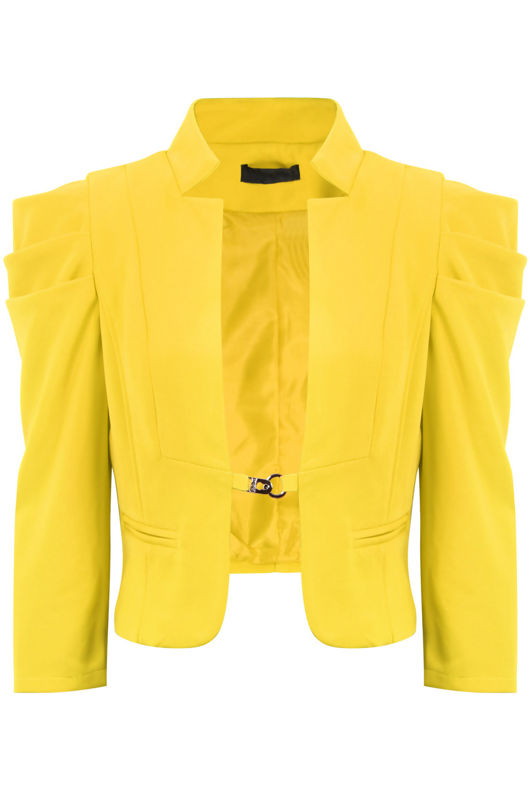 Yellow Puff Sleeve Hook Fastening Short Blazer