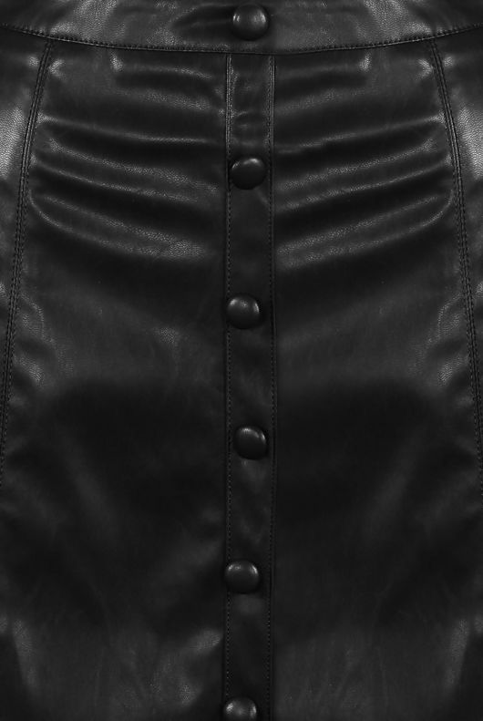 Black Faux Leather Button Trim Midi Skirt