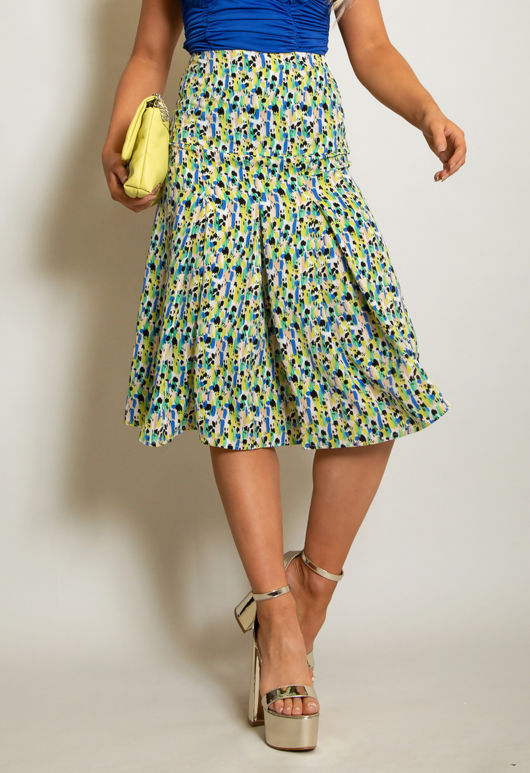 Green Printed Box Pleat Midi Skirt