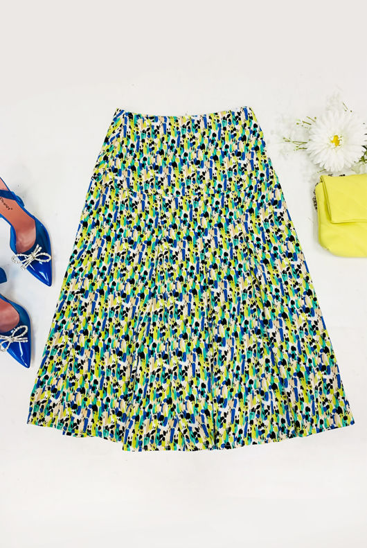 Green Printed Box Pleat Midi Skirt