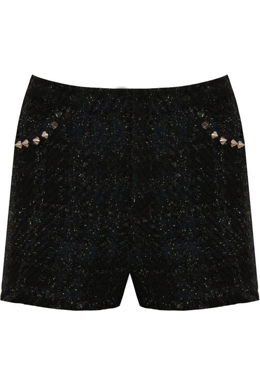 Black and Gold Foil Threaded Studded Shorts 