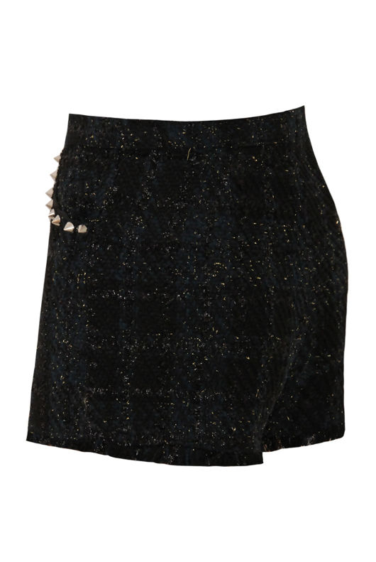 Black and Gold Foil Threaded Studded Shorts 