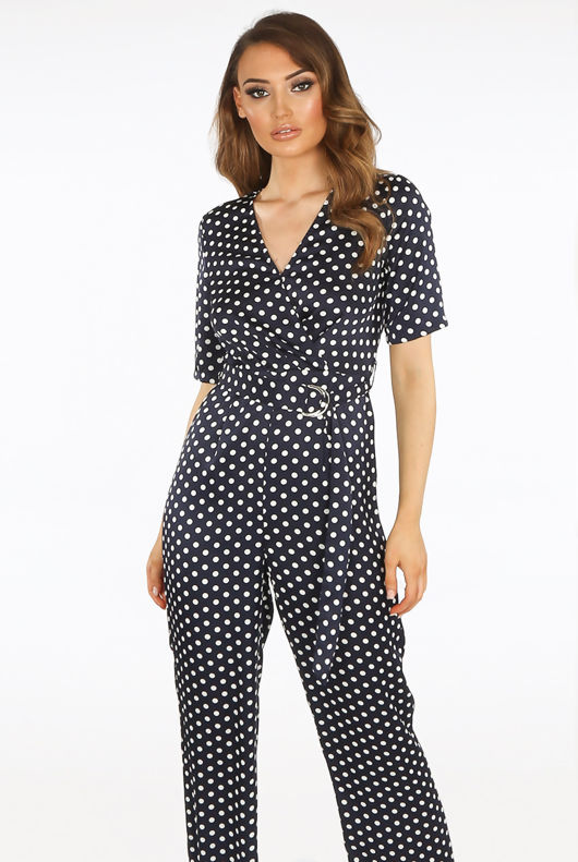 Navy Polka Dots O Ring Wrap Jumpsuit
