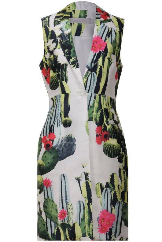 Cactus Print Longline Tailored Sleeveless Blazer