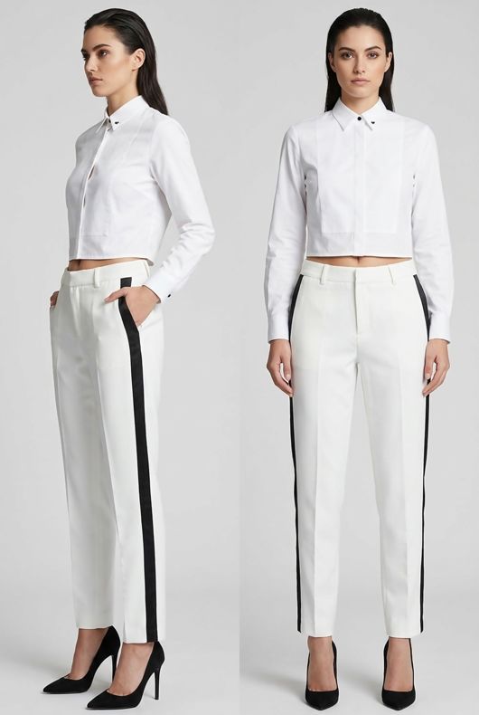 White Side Ribbon Trim Tailored Pants