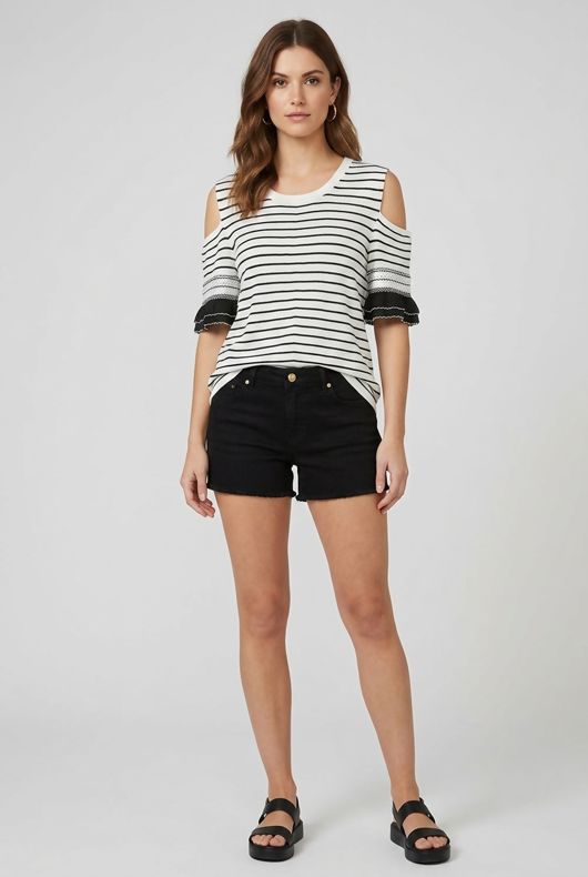 White Stripes Cold Shoulder Knitted Tunic 