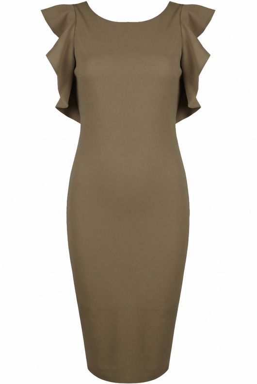 Khaki Frill Trim Tight Stretch Bodycon Dress