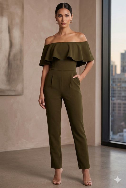 Khaki off Shoulder Frill Jumpsuit 