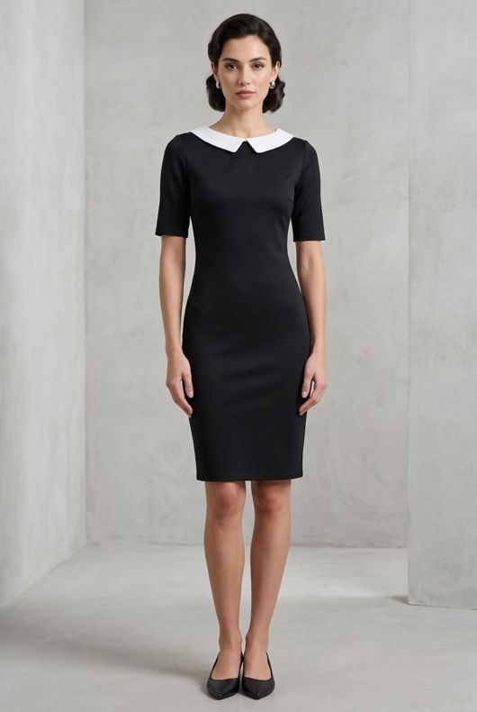 Black With Cream Peter Pan Collar Fitted Dress