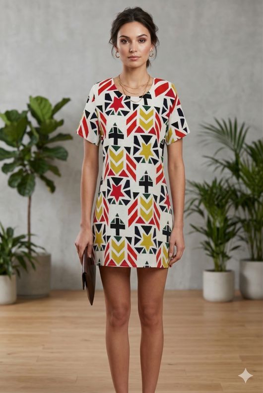 Aztec Pattern Print Crepe Shift Dress