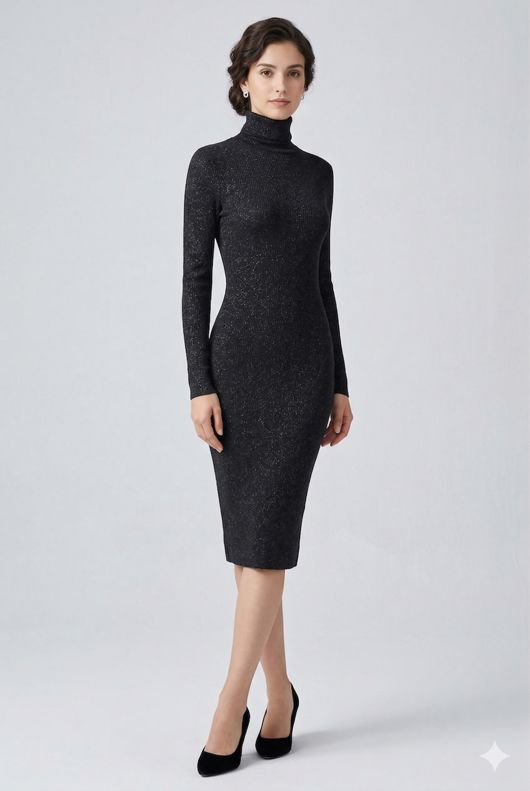 Silver Lurex Roll Neck Midi Dress