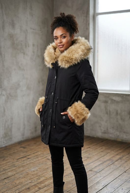 Black Parka Coat with BeigeFur Hood Lining