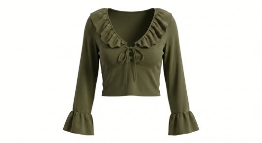 Ruffle Crepe Crop Top With Lace Up Front In Khaki