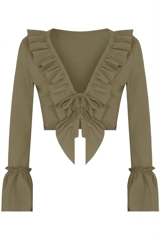 Ruffle Crepe Crop Top With Lace Up Front In Khaki