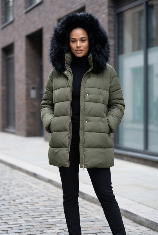 Khaki Wrap Puffer Coat with Black Faux Fur Hood