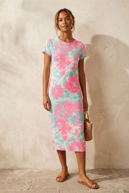 Pink and Blue  Abstract Multi  Print Cap Sleeve Midi Dress