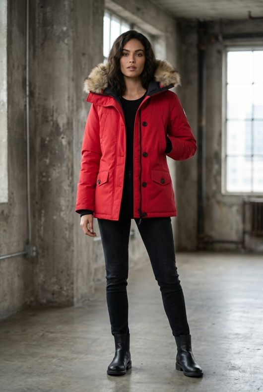 Red Quilted Jacket with Faux Fur Hood and Sleeve Zip Pocket