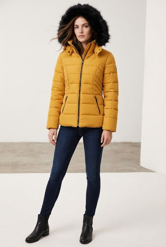 Black Fur Hood Yellow Parka Jacket