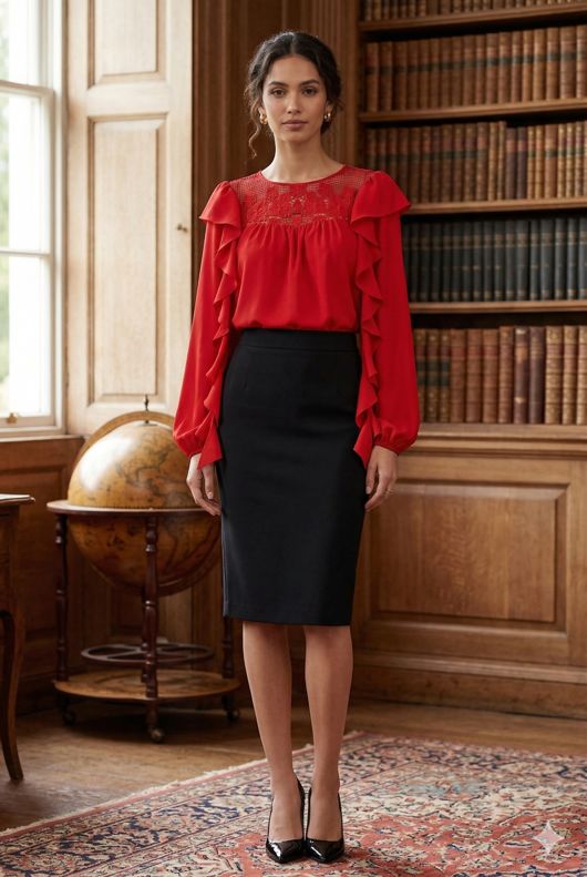 Frill Trim Blouse with Crochet Shoulders in Red