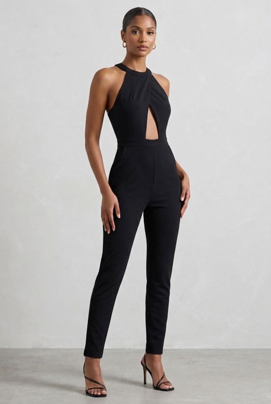 Black Crossover Halter Neck Jumpsuit