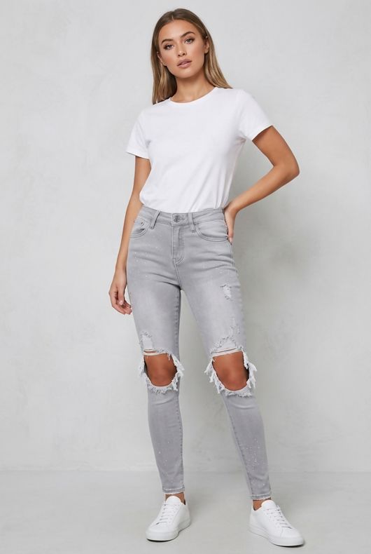 Ripped Knee Skinny Jeans in Grey