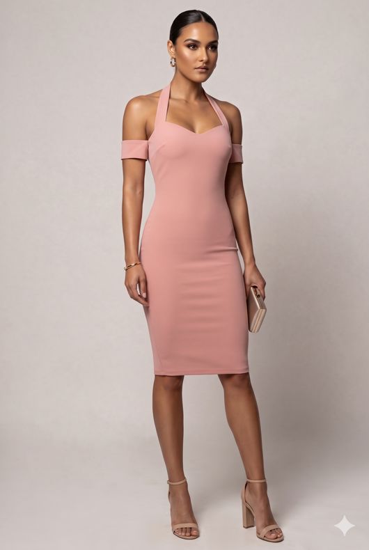 Pink Off Shoulder Halterneck Bodycon Dress 