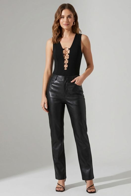 Black Plunge Front Bodysuit With Metal Ring 