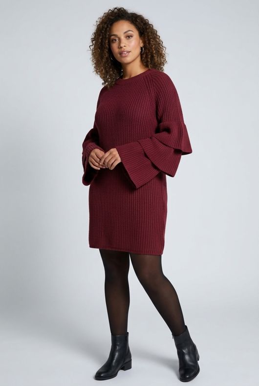 Wine Knitted Jumper Dress With Frill Sleeve