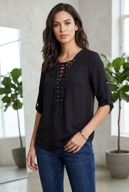 Black Front Lace Tie Up Tops