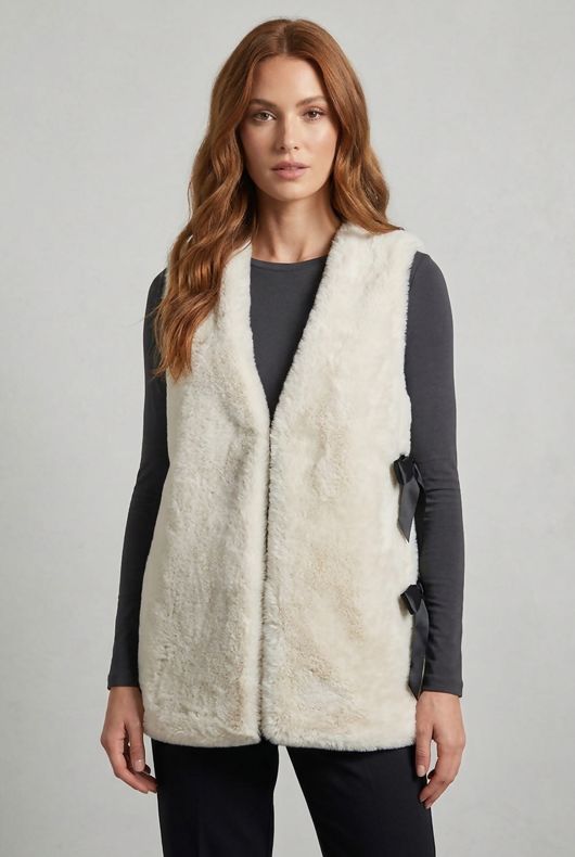 Cream Ribbon Knot Up Shaved Fur Gilet