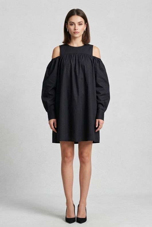 Black Ruffle Cold Shoulder Dress
