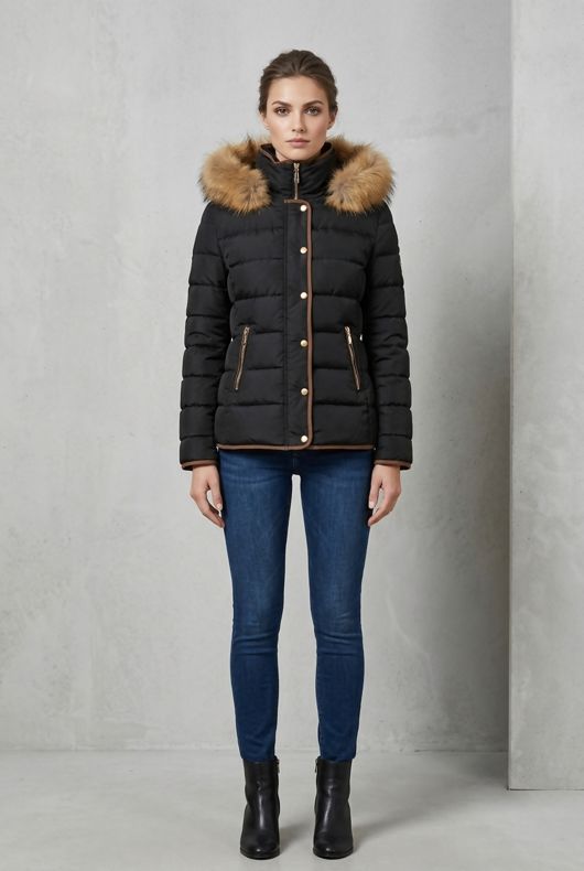 Black Quilted Beige Fur Hood Short Puffer Jackets