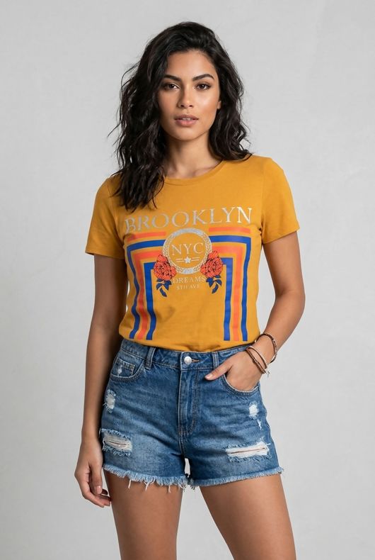 Mustard Metallic Print Brookyln T-Shirt