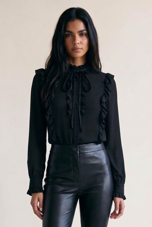 Black Front Button Up Frilled Shirt Top