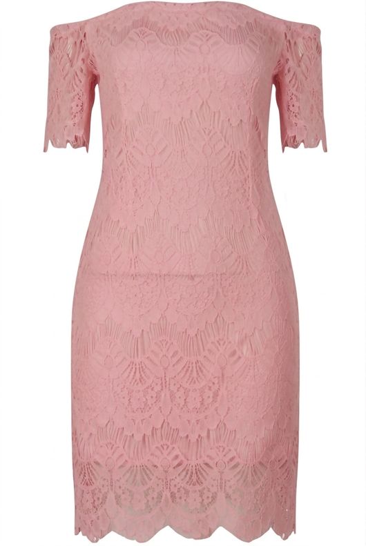 Pink Lace Lined Off Shoulder Dress