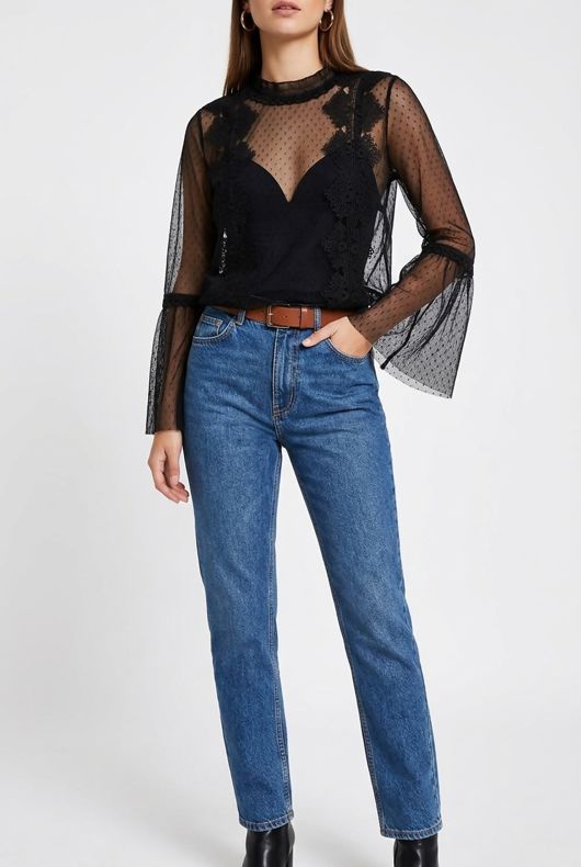 Black Mock Neck Lace Mesh Top