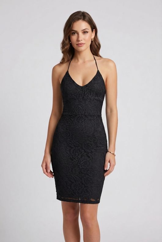 Black Floral Lace Criss Cross Back Bodycon Dress