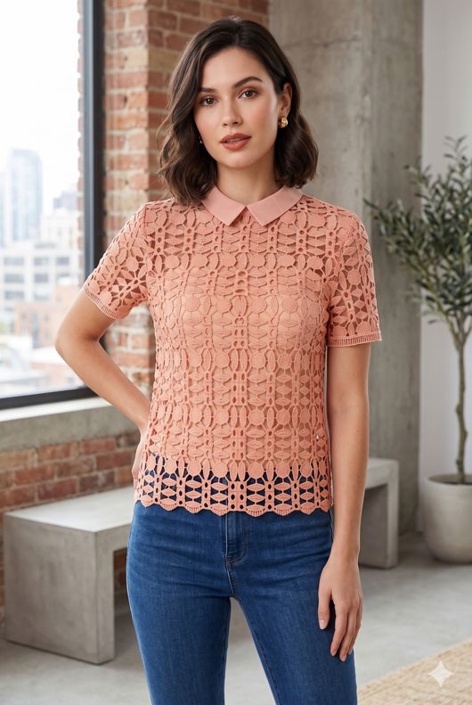 Pink Lace Insert Collared Tops