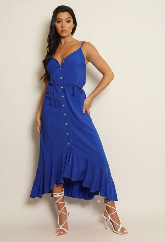 Blue Belted Button Front Maxi Dress