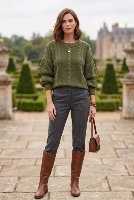 Khaki Knitted Jumper With Frill Sleeve