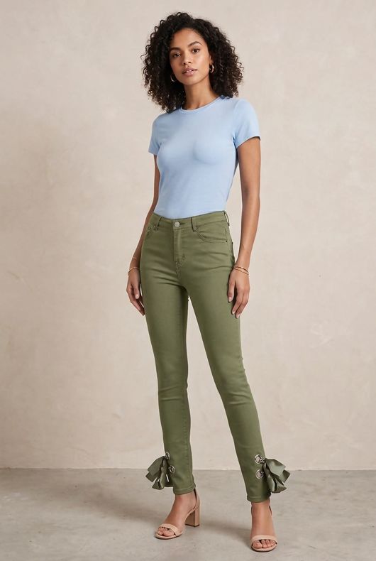 Ankle Lace Tie Up Stretch Skinny Dark Khaki Jeans